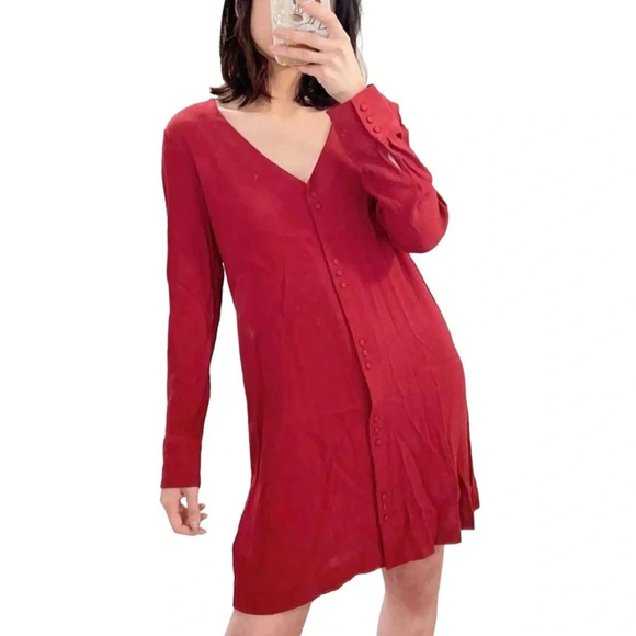 Madewell Maroon Long-Sleeve Button-Front Dress V-Necklin Medium Tomato Girl - Picture 1 of 8